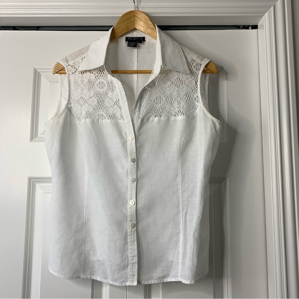 Tracy M 100% Linen White Sleeveless Button Down Shirt Size L